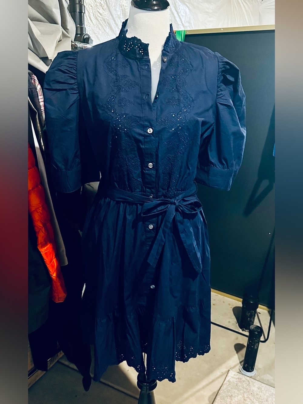 Gap Women's Navy Embroidered Button-Front Midi Dress with Tie Waist-New w/Tag